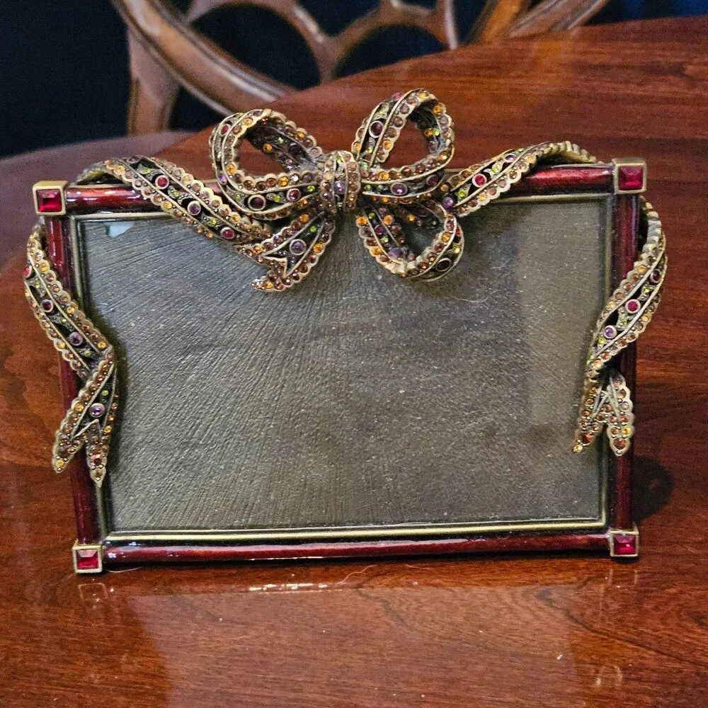 RARE ART DECO VICTORIAN JAY STRONGWATER RED PAVE CRYSTAL BOW RIBBON ENAMEL FRAME